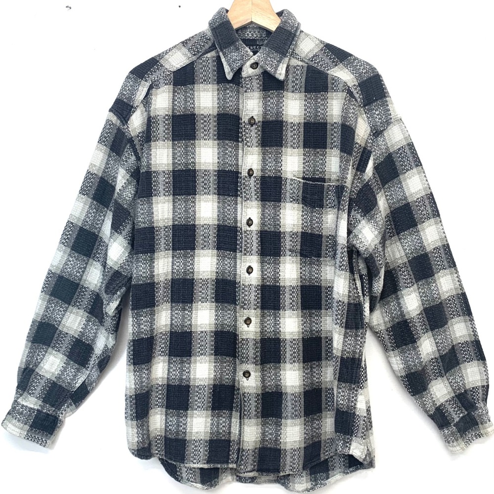 Structure Plaid Button‎ Down Shirt Mens Medium 90s Grunge Black Grey 100% Cotton